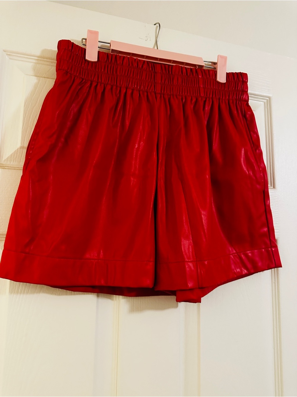Etro Red High-Waist Faux Leather Elastic Shorts